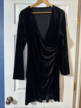 SHEIN Black Velvet Long Sleeve Drape Wrap Dress
